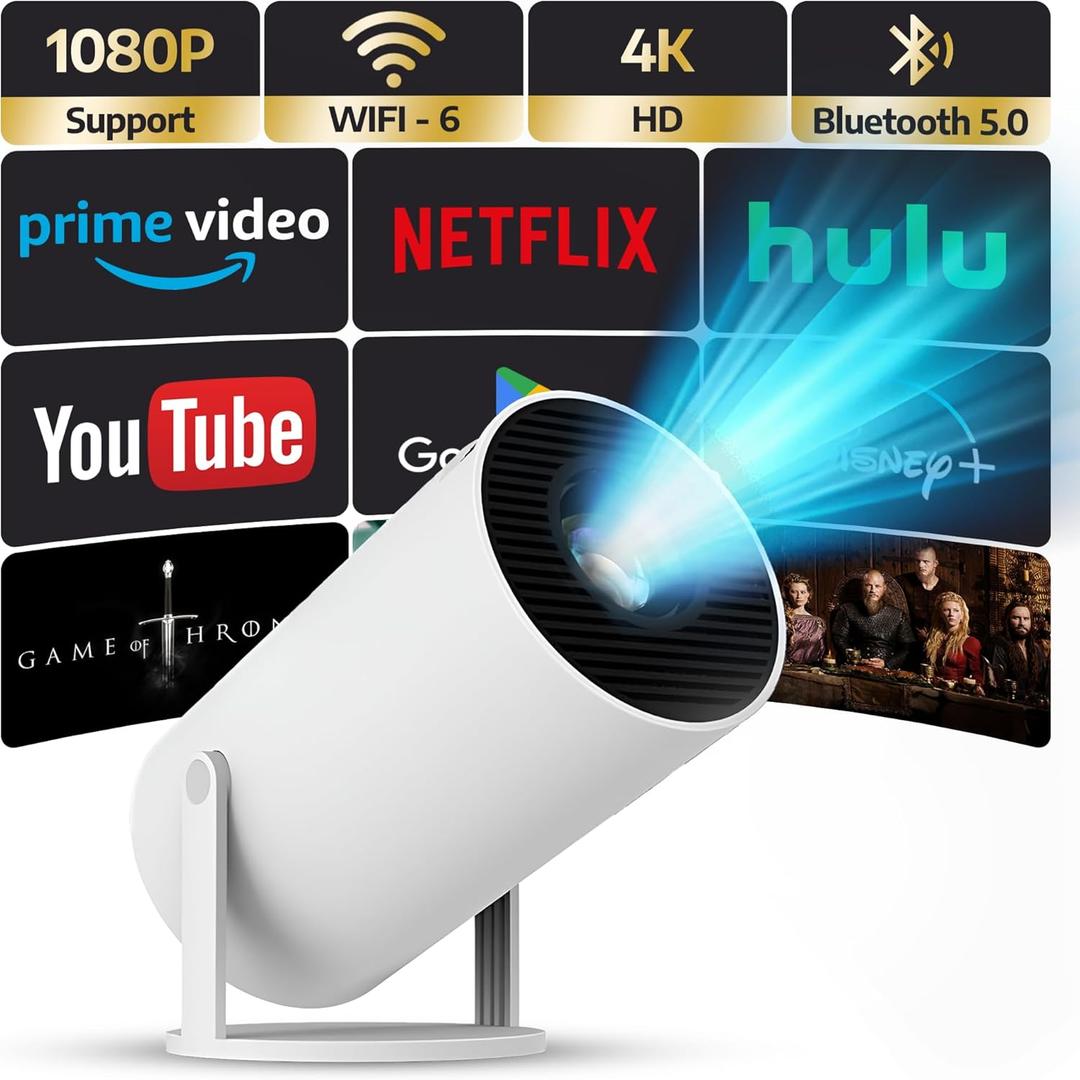 Upgraded Projector with WiFI 6 and Bluetooth Mini Portable Smart Video Theater 4K HD 1080P Outdoor Screen Movie Home TV Android Monitor PC Games 180 Rotatable Compatible for Laptop Tablet Computer