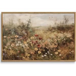 Framed Canvas Wall Art Vintage Decor, Vintage Painting Wall Art Prints, Landscape Wall Art for Living Room Decor Bedroom Home Bathroom Wall Decor (Wildflower Meadow at Dusk) (24L" x 16W")