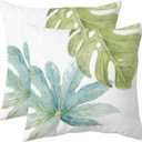 Green Tropical Leaves Throw Pillow Covers Set of 2 Decorative Monstera Palm Leaf Couch Pillow Case Botanical Plant Outdoor Pillow Covers Waterproof Fabric for Patio Bedroom Living Room, 18" x 18", C2