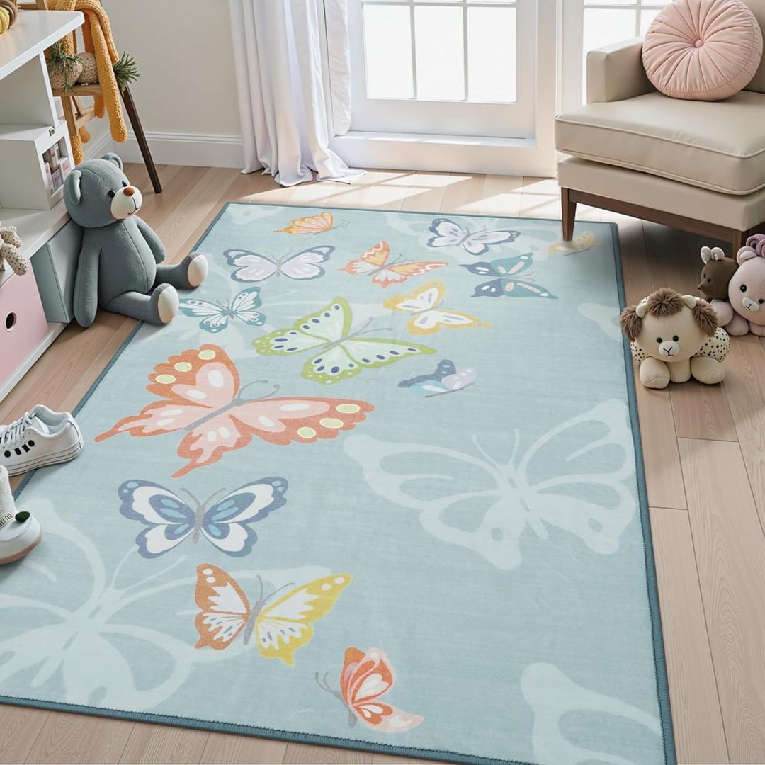 STARUIA Girls Rugs for Bedroom, 3x5 Washable Kids Rugs for Playroom, Non Slip Soft Kids Room Nursery Butterfly Rug, Non Shedding Baby Carpet for Daycare Castle Dorm Indoor Decor(Blue,3'x5')