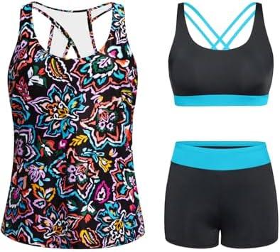 Tempt Me 3 Piece Tankini Swimsuits for Women Athletic Bathing Suits Swim Tank Top with Boy Shorts and Bra Modest Swimwear XL