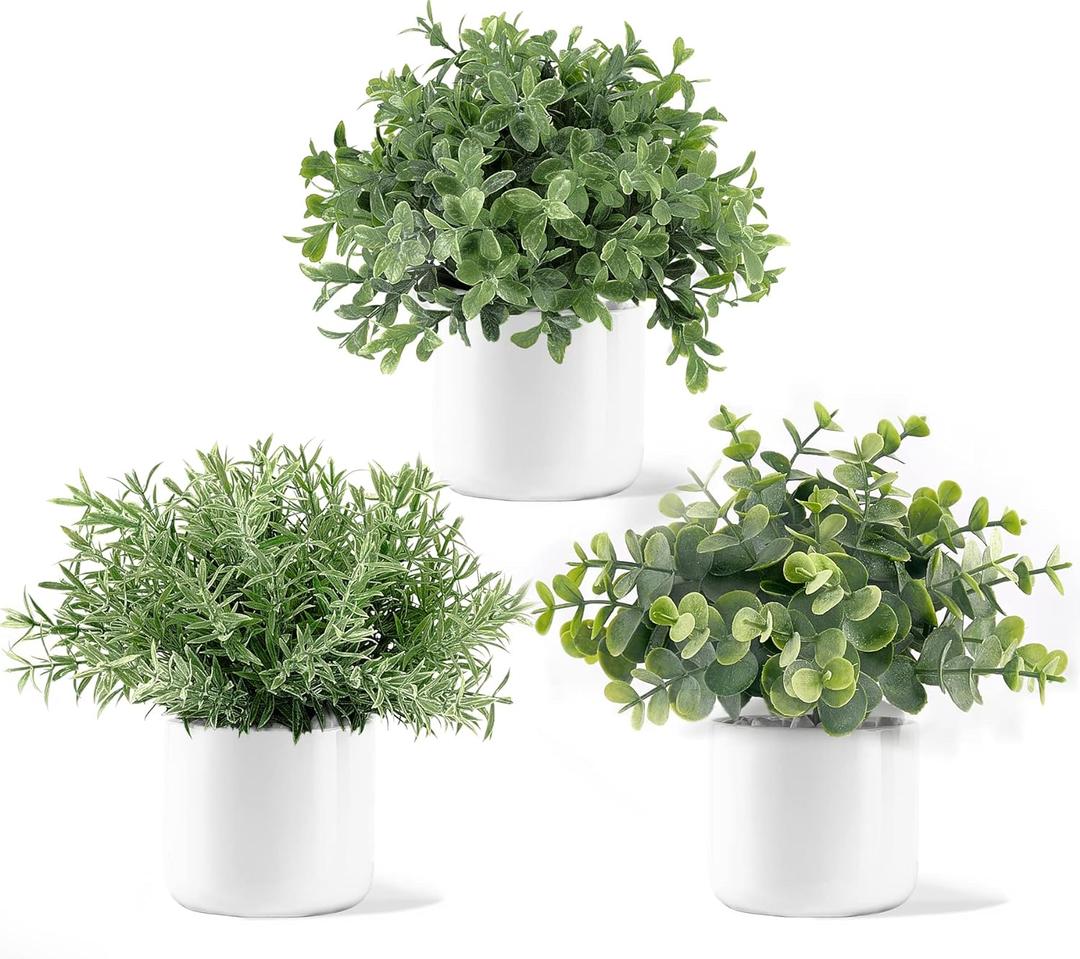 Mkono 3 Pack Fake Potted Plants in Ceramic Pot, Artificial Eucalyptus Plants for Home Decor Indoor Faux Green Greenery for Desk Shelf Coffee Centerpiece Bathroom Office Decor