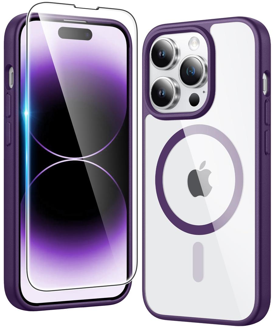 FNTCASE for iPhone 14 Pro Case: Clear Magnetic Phone Cases with Screen Protector Compatible with Magsafe Slim Anti Yellowing Rugged Shockproof Protective Transparent Cell Phone Cover (B-Purple)