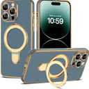 Compatible with iPhone 14 Pro Case with Magnetic Ring Stand [Compatible with Mag-Safe] [Full Camera Lens Protector] Soft Plating Phone Case for iPhone 14 Pro 6.1", Grey Blue