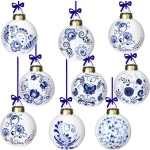 Funtery 9 Pieces Blue and White Porcelain Ornaments Chinoiserie Fall Pumpkin Decor Hanging Pendant Christmas Decor Ceramic Christmas Tree Ornaments for Christmas Autumn Decoration (Elegant Style)