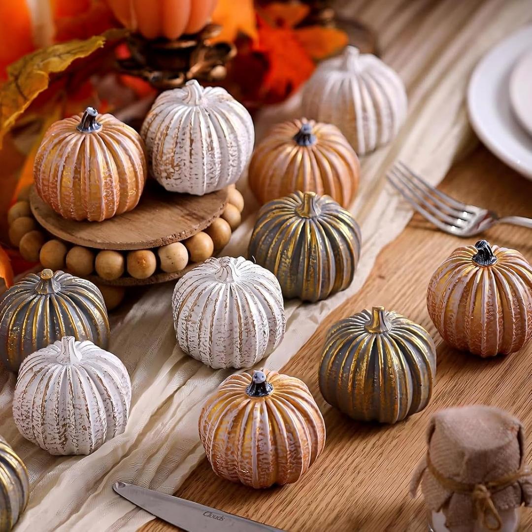 Geelin 12 Pcs Golden Rustic Fall Pumpkin Decor Resin Pumpkins for Thanksgiving Decorations Farmhouse Decorative Pumpkins 2.36" for Fall Home Decor Autumn Tabletop Centerpiece Harvest Wedding(Resin)