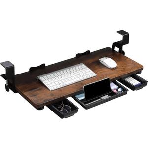 Keyboard Tray Under Desk with Drawer,26.77" X 11.81"Large Size Keyboard Tray with C Clamp-on Mount, Easy to Install, for Home Office (Mahogany)
