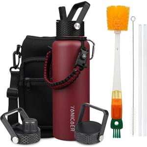 Insulated Water Bottle 40oz,Triple Wall Vacuum Stainless Steel(Dishwasher Safe),Leak Proof & Non-BPA,Flask Jug with Paracord Handle & Straw Spout Lids Sports Red