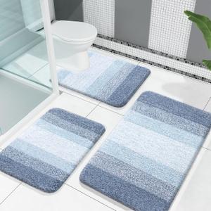 OLANLY Bathroom Rugs Sets 3 Piece, Soft Absorbent Microfiber Bath Mats and U-Shaped Contour Toilet Rug, Plush Shaggy Bath Mat Set for Bathroom (30"x20"+24"x16"+24"x20", Blue), 30" x 20" + 24" x 16" + U24" x 20"