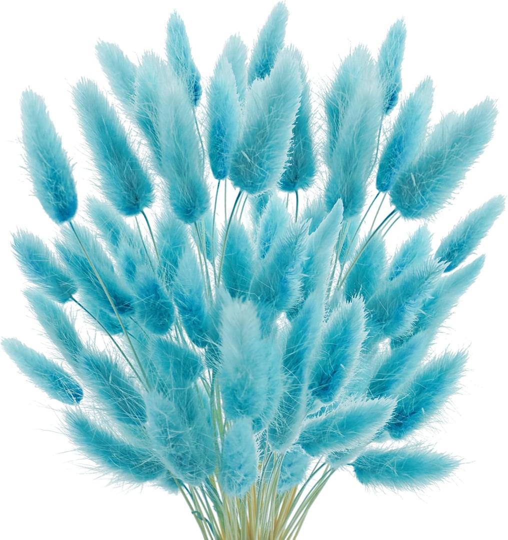 17 Natural Bunny Tails Dried Flowers, 120 Pcs Dried Lagurus Ovatus, Dried Foxtail Grass for Home Arrangements Wedding Centerpieces Boho Baby Shower Party Decorations (Teal Blue)