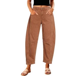 GRAPENT Barrel Jeans for Women Trendy High Waisted Wide Leg Baggy Cropped Relax Fit Stretch Denim Trouser Ankle Pants (Caramel)