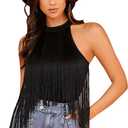 Verdusa Women's Fringe Trim Sleeveless Bodycon Halter Bodysuit Top (XX-Large, Black)