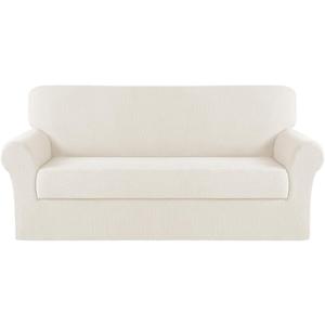 Turquoize Stretch Sofa Slipcover 2 Pieces Sofa Cover Couch Cover for 3 Cushion Couch Washable Furniture Protector Covers with Elastic Bottom Feature Thick Jacquard Fabric (Sofa, Cream)