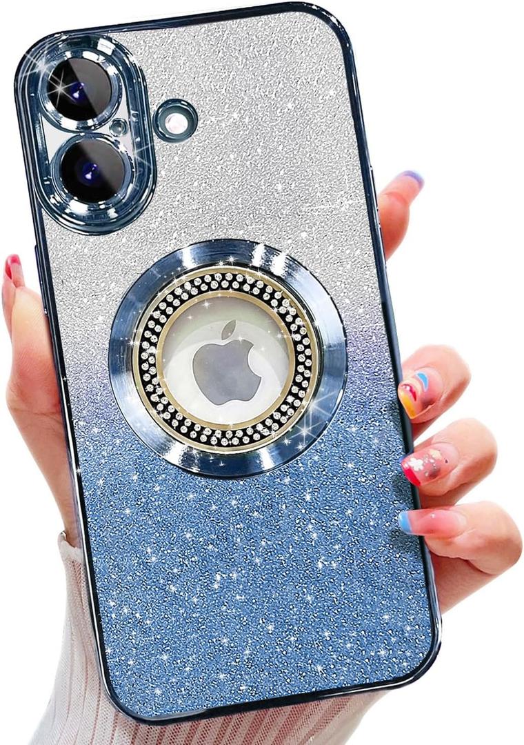 Misscase for iPhone 17 Magnetic Glitter Case Compatible with MagSafe,Full Protection Slim Shockproof Anti-Scratch Case with Camera Lens Protector Plating Bling Dust-Proof Net for Women Blue