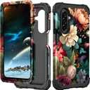PIXIU Unique Flower Pattern Compatible with Samsung Galaxy A17 case,Heavy Duty Dual Layer Shockproof Full-Body Protective Sturdy Hybrid Cute Rugged Case for Women,Girls,Kids-Black Flower (T77)