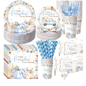 452 Pcs Party Supplies Serve 50 Guests, Paper Plates Napkins Cups Cutlery Plastic Tablecloth Dinnerware for Birthday Wedding Party Decoration(Blue and Brown,Little Pumpkin Baby Shower)
