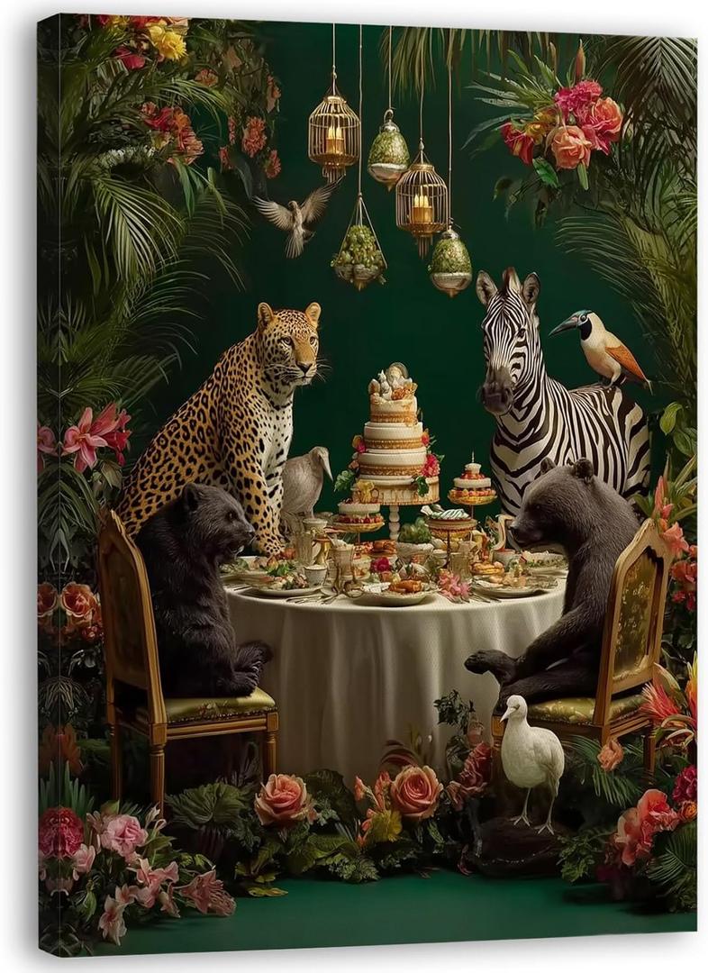 Zeuiwr Tropical Animal Framed Wall Decor, Maximalist Wild Animal Canvas Wall Art, Leopard Zebra Bear Bird Animal Tea Party Pictures Prints Artwork for Home Living Room Bedroom Decor, 11x14 Inches