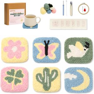 Kukovaya Punch Needle Kit for Beginners & Adults Complete DIY Embroidery 6-Coaster Kit with Printed Fabric, Yarn, Needle, Hoop & Guide Easy Craft Kit for Home Dcor, Gifts & Stress Relief