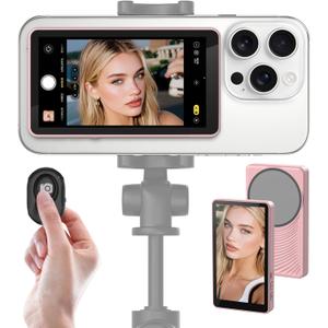 Henrety Wireless Vlog Selfie Monitor Screen for iPhone & Android, Bluetooth Remote, 180 Flip, Magnetic Stand, Wide Screen Mode, Rear Camera Live View for TikTok & YouTube (Pink)
