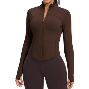Women BBL Jacket Full Zip UP Workout Athletic Cropped Jacket wIth Thumb Holes Running Yoga Sportswear (Large, Roasted Brown)