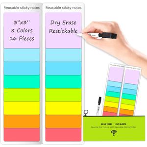 JJPRO Dry Erase Sticky Notes - Reusable Whiteboard Stickers 8 Colors 3"x3"-16 Pack. Suitable for All Smooth Surface.Great for Labels, Lists, Reminders and Decals-Washable,Removable