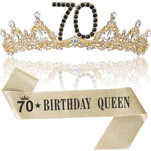 70th Birthday Crown and Sash for Women, 70 Tiara, Black Gold 70th Birthday Decorations Gifts Favors for Female Friends Sister Wife Mom