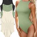 OQQ Women's 3 Piece Bodysuits Sexy Ribbed One Piece Sleeveless Halter Neck Tops Leotard Summer Trendy (Medium, Black Pea Green Beige)