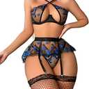 WDIRARA Women's Sexy Lips Print Criss Cross Lace Mesh Cut Out Garter Belt Lingerie Set with Stocking, Size XL