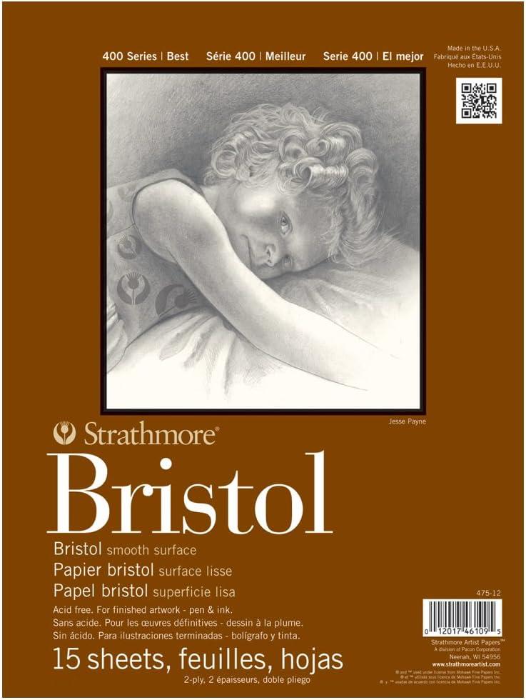 Strathmore 400 Series Bristol Paper Pad, Smooth, Tape Bound, 9x12 inches, 15 Sheets (2-ply) - Artist Paper for Adults and Students - Markers, Pen and Ink
