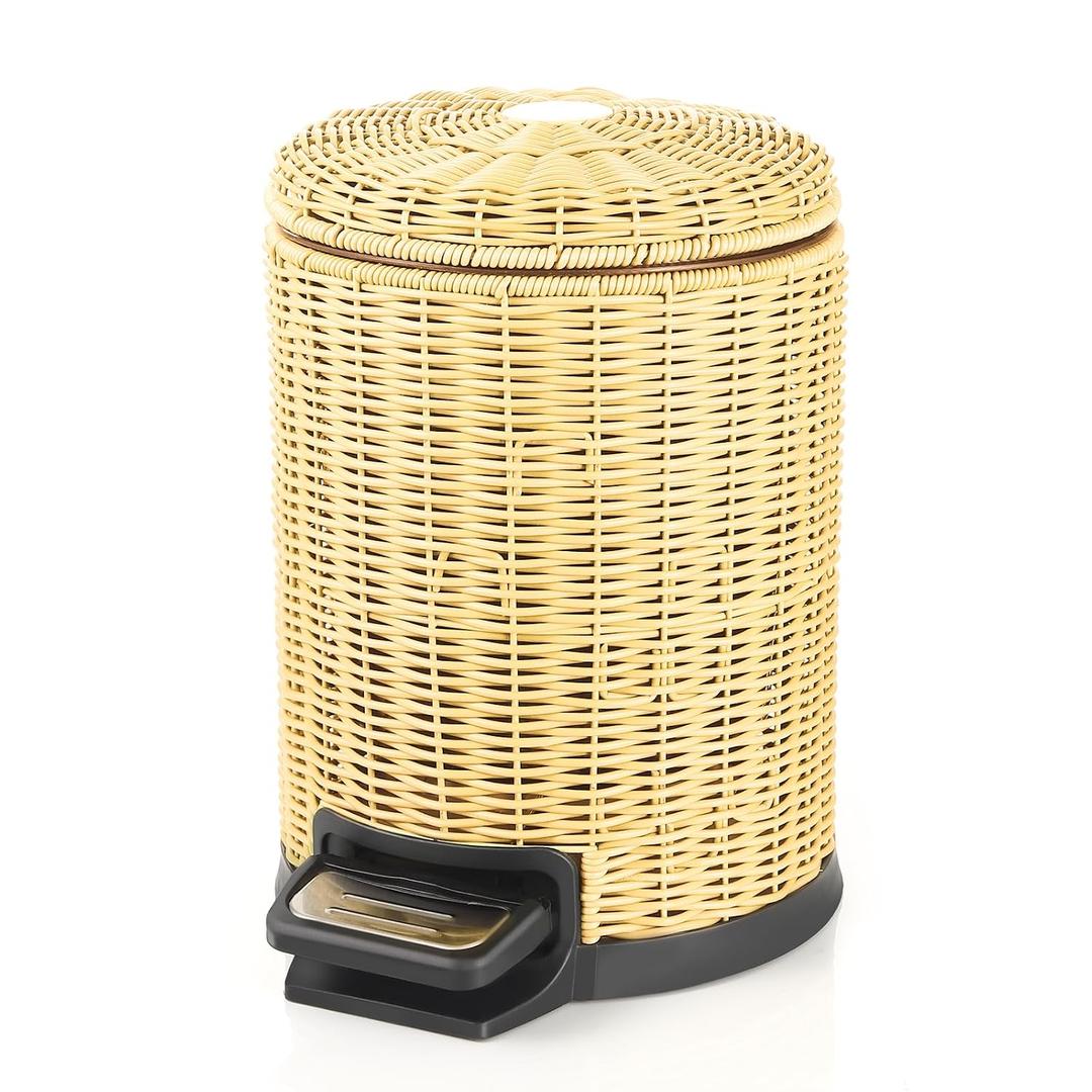 Handwoven Round Small Trash Can (Lvory, 2gallon/8L) | with Soft Close Lid, Stainless Steel Pedal, Removable Inner Bucket for Bathroom, Bedroom, Kitchen, Office
