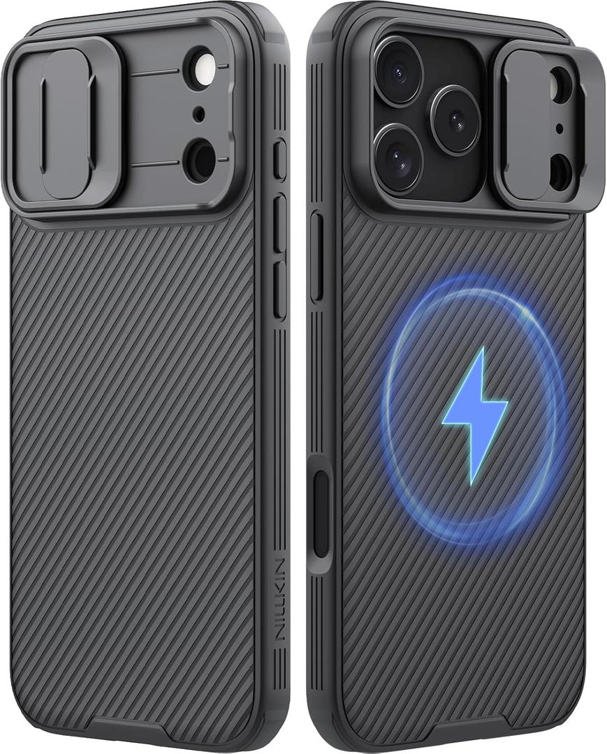 NILLKIN for iPhone 17 Pro Max Case Magsafe, [Dual-Slide Lens Cover] [4-Corner Shockproof Airbags] [Anti-Lost Lanyard Hole] Slim Phone Case Magnetic Silicone Cover for iPhone 17 Pro Max 6.9 inch, Black