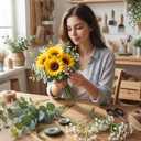 65 Pcs Artificial Sunflower Bundle with Eucalyptus Stems Babys Breath Fake Sunflower Bouquet DIY Flower for Wedding Floral Arrangement Table Centerpieces Party Home Decoration, No Vase