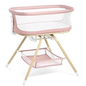 ANGELBLISS 3 in 1 Baby Bassinet, Rocking Bassinets Bedside Sleeper with Calming Motion, Portable Nest for Newborn Infant, Breathable Mesh (Pink)