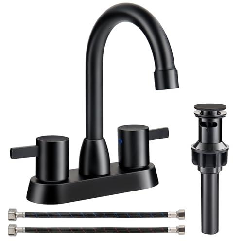 WRISIN Bathroom Sink Faucet, Bathroom Faucets for Sink 3 Hole with Pop-up Drain and Supply Lines, Stainless Steel 2 Handle Centerset Faucet (Matte Black)