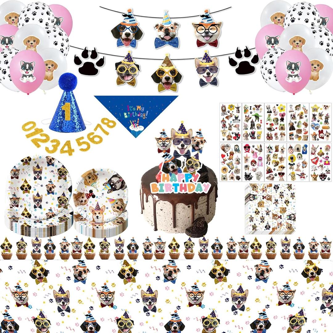 2 x 195Pcs Dog Birthday Party Decorations Set - 20 Plates, 20 Napkins, 18 Balloons, 107 Tattoos, 24 Cake Toppers, 1 L Topper, 1 Banners, 1 Tablecloth, 1 Scarf, 1 Hat with Numbers for Dog Party Supplies