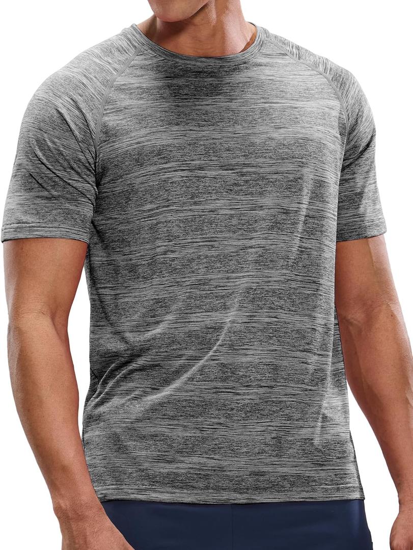 MIER Mens T Shirts Short Sleeve Quick Dry Active Tee for Running Workout Gym, Stripe, Heather Grey (M)