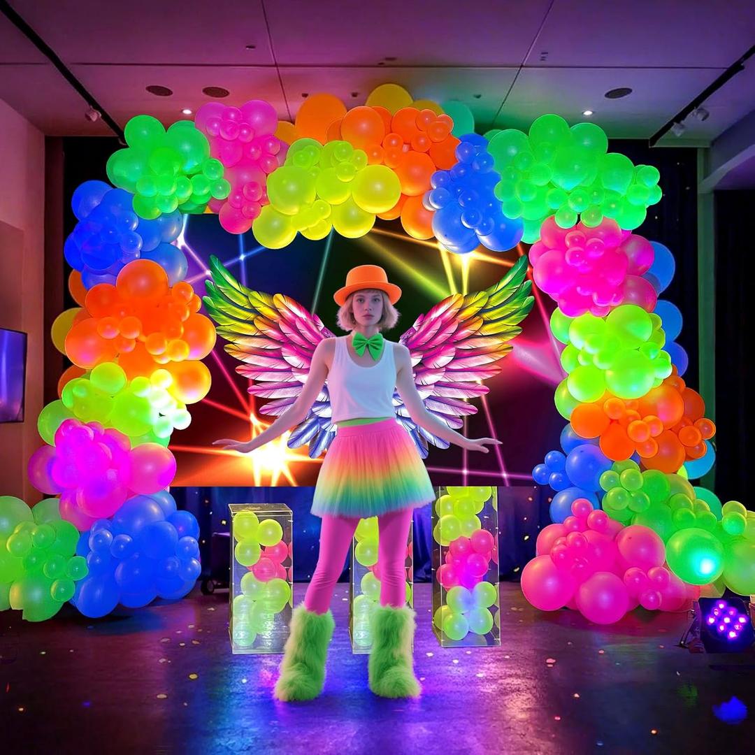 154 Neon Party Decorations Glow in the Dark Birthday Supplies Wings Backdrop Rainbow Balloon Garland Arch Kit Light Luminous Kids Teens Adult 80s 90s Disco Party Decor