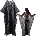Mepase Boho Witch Lace Kimono Kaftan Dress Robe Bikini Swimsuit Beach Cover up for Women Maternity Halloween Vampire Costume (Black)