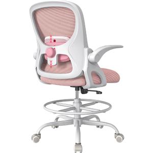 Drafting Chair,Tall and Standing Desk Chair with Flip-up Armrests, Ergonomic Comfy Lumbar Support and Adjustable Footrest Ring Office/Computer Chair (White-Pink)