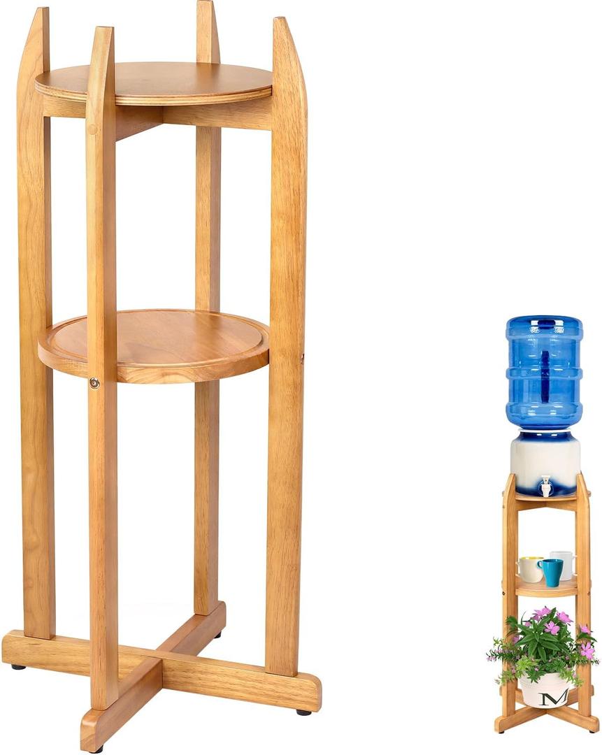 Natural Solid Wood Water Dispenser Floor Stand (32.8" Hight-11.2" Wide) Drink Dispenser Floor Stand with 2 Round Shelfs Included for 1-5 Gallon Water Bottles/Crocks, Water Jug (Natural Wood Color)