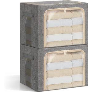 2-Pack Clothes Storage Bags, Foldable Storage Bins with Metal Frame, Clear Window, Reinforced Handles, Durable Non-Woven Fabric for Clothes, Bedding, Blankets, 40L, Gray