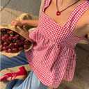 WDIRARA Women's Linen Tie Back Tank Top Square Neck Plaid Peplum Babydoll Tops (Red, M)