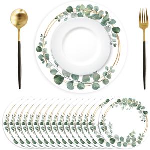 Disposable Paper Placemats - 100 Pack Green Eucalyptus Leaves Round Table Mats, 13.7 Inch, Perfect for Birthday, Baby Shower, Party Decoration