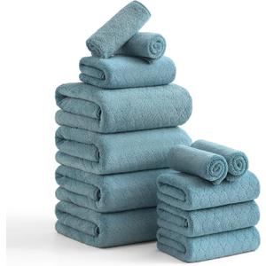 Hailea Luxury Bath Towels Set - 12 Piece (4 Large Bath Towels,4 Hand Towels,4 Washcloths), 100% Microfiber,Extra Absorbent Super Soft & Quick Dry,Complete Family Pack for Bathroom Gym Pool,Turquoise