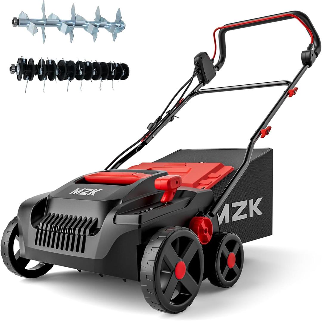 MZK 15-inch 2-in-1 Electric Dethatcher and Scarifier w/Removeable 5-Position Height Adjustment,Lawn dethatcher w/12-Gallon Thatch Collection Bag,Keep Lawn Health