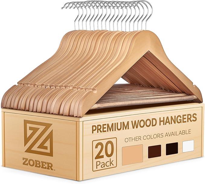 Wooden Hangers - 20 Pack, Heavy Duty, Non Slip Wood Hangers for Coats, Jackets, Suits, & Pants - Clothes Hangers for Closet W/Bar and Notches