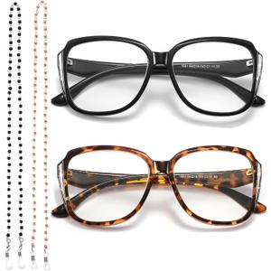 2 Pack Stylish Cateye Computer Glasses Blue Light Blocking, Oversized Readers with Fashion Eyeglasses Chains for Women Black/Tortoise +0.0