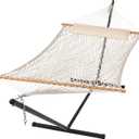 SUNCREAT Double Outdoor Hammock with Stand Included, Portable Cotton Rope 2 Person Hammock for Outdoor, Patio, Garden, Backyard, Beige
