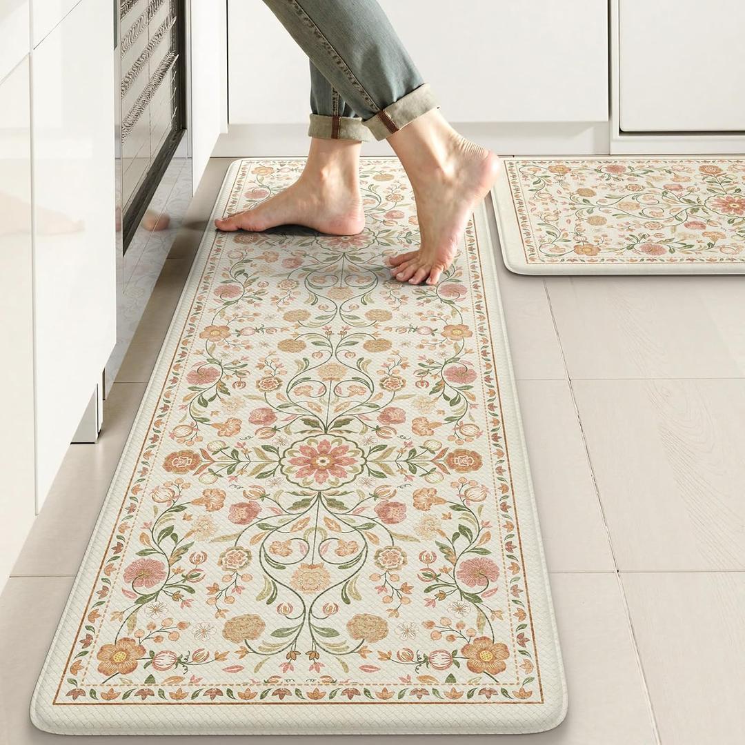 KIMODE Anti Fatigue Mats for Kitchen Floor Non Slip,Farmhouse Boho Floral Standing Kitchen Rugs Sets of 2,Comfort Cushioned Padded Ergonomic Carpet for Laundry Sink Office,Beige, 17.3" x 47 "+ 17.3" x 29 "--0.47 inches