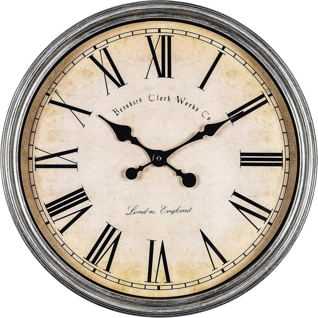 Bernhard Products Large Decorative Wall Clock 20 Inch Silent Non Ticking Battery Operated Quartz Vintage Stylish with Rustic Silver Rim for Home Living Room Dining Room Kitchen & Over Fireplace